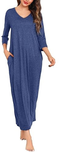 Sykooria Long Nightdresses For Women 3/4 Sleeves Cotton Nightie Ankle Length Long Nightgown V-Neck Plus Size Full Length Loungewear Nightshirt(Dark Blue,XL)