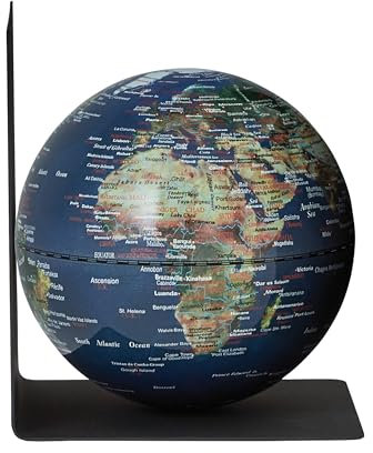 TROIKA Globus Buchstütze aus Metall BOOKGLOBE SINGLE Ø 13 cm magnetisch balancierter Globus blaugrüne topographische Karte Gewicht 0,6 kg - im hübschen Karton ideal zum Verschenken