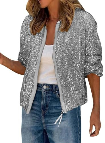 Tomwell Glitzer Oberteile Damen Langarm Pailletten Jacke Reissverschluss Kurz Cardigan Festliche Party Tops A Grau XS