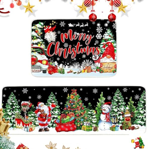 SYTTNUM Felpudo de Navidad 2pcs Alfombra de Cocina de Navidad, Alfombra de Puerta de Entrada, Felpudos Lavables, Patrón de Navidad, Felpudo Decorativo Casa