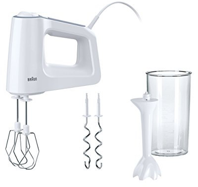 Braun MultiMix 3 HM 3105 Handmixer – Handrührgerät mit 5 Geschwindigkeitsstufen & Turbo-Funktion, inkl. Schneebesen, Knethaken, Pürierstab und 600 ml Mix- und Messbecher, 500 Watt, weiß