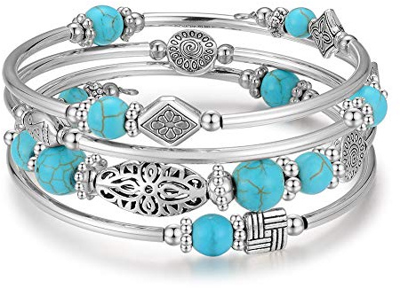 BULINLIN Layered Wrap Bangle Turquoise Bracelet - Bead Bracelet with Natural Agate Stone, Gifts For Women (01-Turquoise)