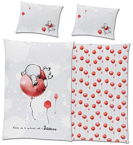 Disney Baby-Kleinkind-Bettwäsche Winnie the Pooh Wendemotiv Balloon Rot 100 x 135 + 40 x 60 cm 100% Baumwolle Linon Renforcé I-Aah Ferkel Pu Kanga Tiger Rabbit Ruh deutsche Größe Reißverschluss