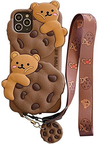 SGVAHY iPhone 11 Case - Cute Kawaii Bear Cookie Soft Silicone Shockproof Protective Case with Strap Lanyard Keychain - Khaki