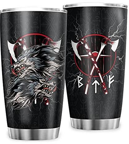 Zbbfwu Wikinger Wolf Nordisch Kaffeebecher to go Thermobecher Edelstahl Auslaufsicher Kaffeetasse Reisebecher white13 600ml