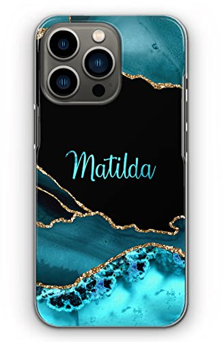 Personalised Phone Case For Apple iPhones, 16, 15, 14,13, 12, 11, Pro Max, Mini, XR, SE Custom Plastic Hard Phone Cover, Blue Name Black and Blue Marble Phone Case, Initial Phone Case