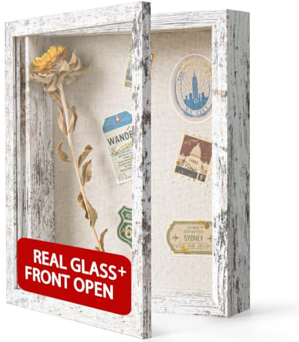 Califortree 8x10 Shadow Box Frame with Linen Back - Real Glass, Push Pins Included, Sturdy Rustic Memory Display Case, Fits 6.8x8.8 Inserts, Distressed White