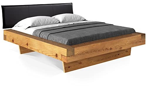 moebel-eins CURBY Balkenbett mit Polster-Kopfteil, Wangenfuß, Material Massivholz, 200 x 220 cm, Natur, Kunstleder Schwarz