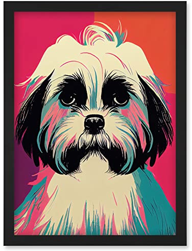 Wee Blue Coo Modern Cute Shih Tzu Dog Vibrant Bright Portrait in Pink Blue Orange Cream Artwork Framed Wall Art Print A4