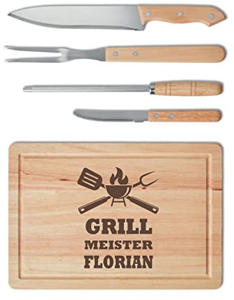 Schmalz personalisiertes 4-teiliger Edelstahl BBQ-Set Schneidebrett - Geschenke für Männer - Holzbrett mit Gravur - ideal als grill Zubehör - Geschenk für den Grillmeister, Grillen und BBQ-Fans