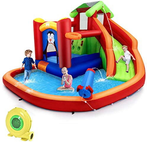 GOPLUS 6-in-1 Aufblasbare Hüpfschloss, Kinderhüpfburg mit Trampolin Rutsche Kletterwand Wasserpistole Basketballkorb, Aufblasbare Hüpfburg mit Tragetasche, für Kinder 3-10 Jahren (Rot, mit Gebläse)