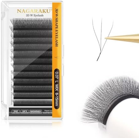 NAGARAKU 3D Lashes, W Shape Eyelash Extensions Volume Lash 0.07mm L Curl 8-15mm Mix Premade Fans Matte Black Clover W-shaped False Eye Lashes