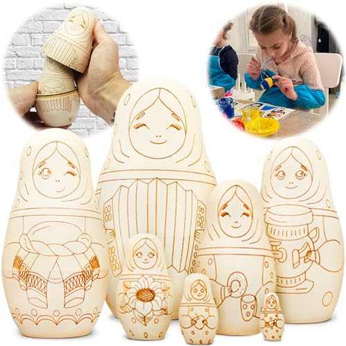 AEVVV Paint Your Own Matryoshka - Juego de 7 muñecas anidadas en blanco para colorear, muñecas rusas sin pintar, manualidades de madera sin terminar proyectos de bricolaje, BLANK7_GIRLS_HC