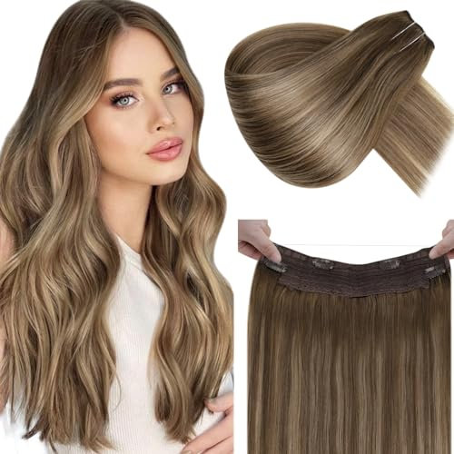 LaaVoo Invisible Secret Wire Extensions Echthaar Braun Ombre Extensions Echthaar mit Draht Hellbraun Balayage Goldene Blondine Fish Line Echthaar Extensions Glatt 80g 45cm #8/16/8