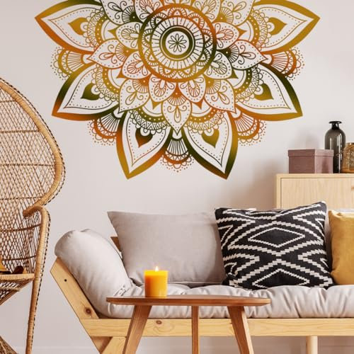 Runtoo Wandtattoo Mandala Groß Wandsticker Gold Boho Blumen Wandaufkleber Wohnzimmer Schlafzimmer Flur Yoga Wanddeko