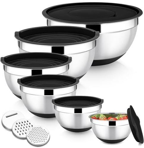 Onader Stainless Steel Mixing Bowls, 6-Piece Metal Salad Bowl for Kitchen Baking Cooking Serving, Airtight Lids & 3 Graters & Silicone Bottom, Size 0.7/1.2/1.6/2.5/2.8/4.6QT - Black