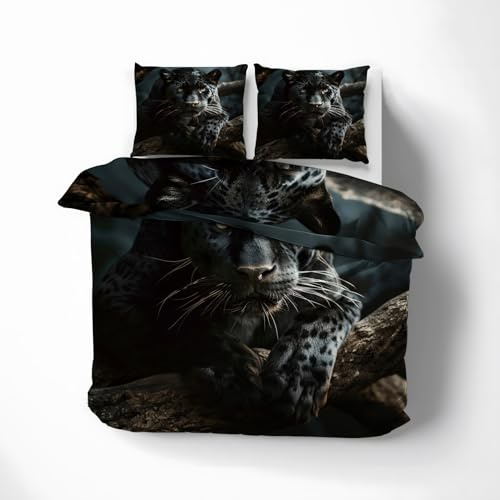 MOBEITI Panther Bettwäsche 200x200, Leopard Wendebettwäsche, Weiche Kuschelige Mikrofaser Bettbezug Set 3teilig, 2 Kissenbezug 80x80, mit Reißverschluss -MO&142
