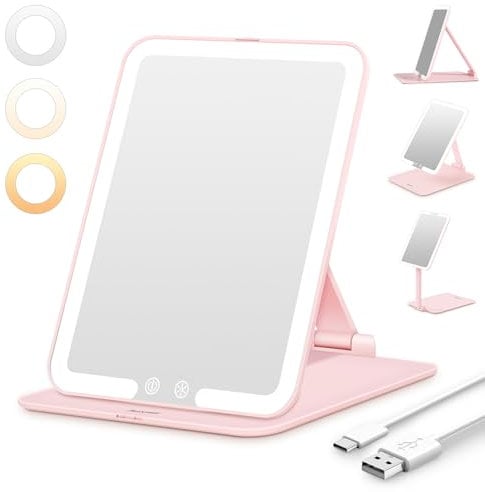 Auxmir Miroir Maquillage Lumineux avec 72 LED, USB Rechargeble, Mirroir Super HD avec Écran Tactile, Miroir Coiffeuse LED avec 3 Couleurs de Lumière pour Voyage et Chambre, Rose