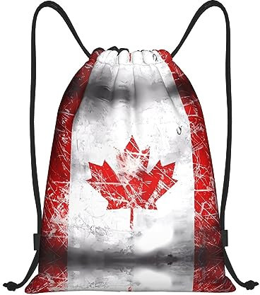 GaxfjRu Retro-Rucksack mit Kanada-Flagge, Kordelzug, wasserdicht, ideal für Sport, Reisen und mehr, Schwarz , M