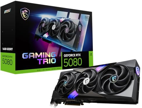 MSI Gaming RTX 5080 16G Gaming Trio OC Carte Graphique (16 Go GDDR7, 256 Bits, Extreme Clock TBD MHz, DisplayPort x 3 2.1a, HDMI 2.1b, NVIDIA Blackwell Architecture)