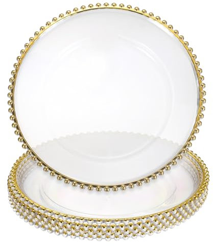sourcing map Lot de 6 assiettes rondes en plastique transparent de 33 cm avec bordure en perles pour fête de mariage, événement, décoration de table, doré