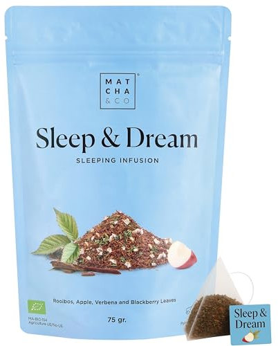 Matcha & CO Infusión Sleep & Dream, 30 dosis de infusión relajante para dormir con Rooibos, Manzana, Verbena y Hojas de Mora, Tu ritual nocturno para un sueño profundo y reparador