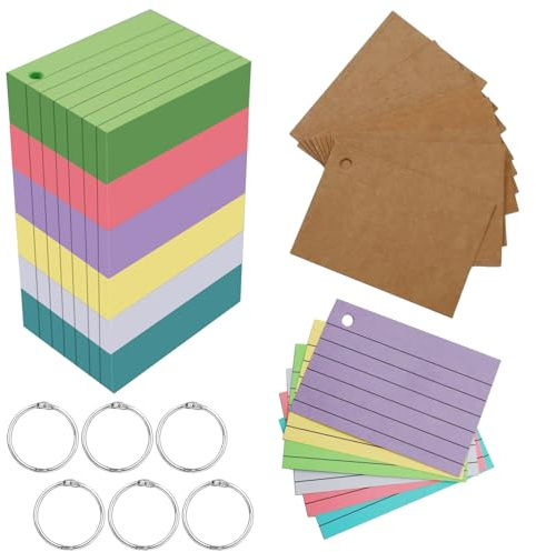 Leucasa 600 stycken indexkort A8-färger, inlärningskort med kraftpapper och bindning, flashkort, dubbelsidigt tryck för studier, recept, memokort, kontorsmaterial, gör-det-själv