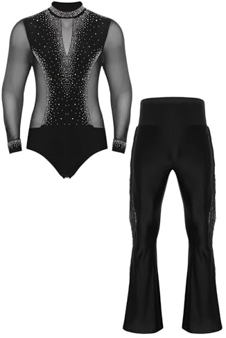 Manyakai Traje de Patinaje Artístico para Hombres con Maillot de Danza y Pantalones Campana con Flecos Traje Baile de Salón Latín Jazz Tango Salsa Rumba Cha-Cha