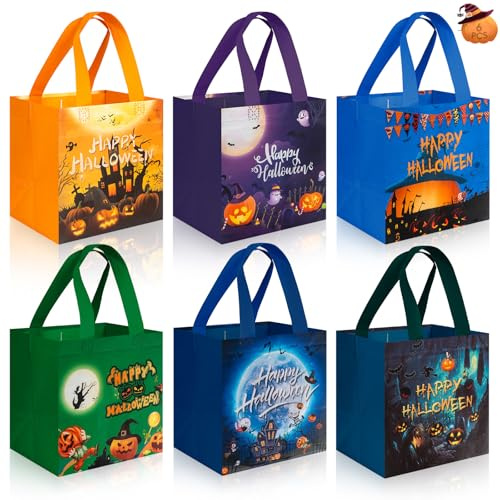 6 Pcs Halloween Gifts Bags with Handles - Happy Halloween Tote Treat Bag Bulk, Reusable Non-Woven Goodie Goody Candy Basket for Helloween Trick or Treat Party Favor Supplies Favors Present Wapping