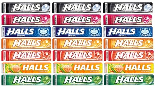Halls Mints Mix – Mezcla de sabor refrescante – Fresa | Miel y limón | Original | Sandía Extra fuerte | Mezcla de cítricos | Menta verde - 21 paquetes de 35 g cada uno