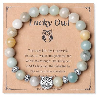 AWARDSEN Bracelet chouette de 8 mm pour femme, cadeau porte-bonheur pour meilleures amies, collègues, cadeau de Noël, d'anniversaire, cadeau pour les examens