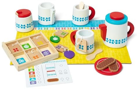 Melissa & Doug Steep & Serve Wooden Toy Tea Set for Pretend Play, Ages 3+, Gift for Boy or Girl, Blue/White