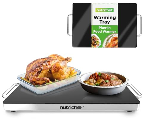 NutriChef Food Warmer Buffet Server – Electric Warming Tray Hot Plate for Parties & Catering, Glass Surface Keeps Food Warm, 42 cm Size with Stay-Cool Handles, Black