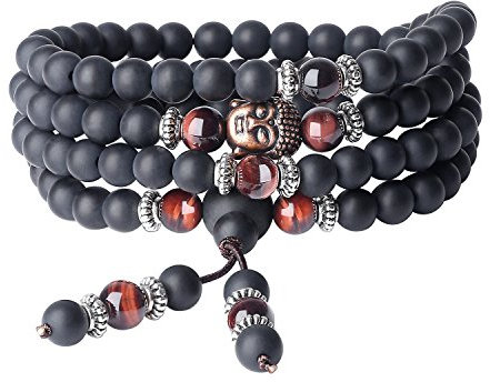 COAI Geschenkideen 108 Buddha Mala Armband aus Geschliffenem Onyx und Rotem Tigerauge