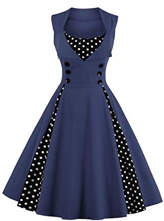 AXOE Robe Femme Vintage Années 50 en Coton Extensible Robe de Cocktail Chic et Élégante Mariage, Soirée, Guinguetteà Pois Marine, Taill 46, XXL