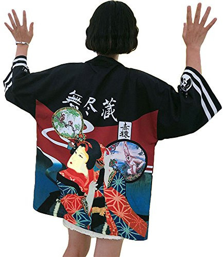 Japanischer Kimono Kleid Strickjacke - Traditionelle Klassische Haori Kleidung Tokio Harajuku Antike Stile Lockere Jacke Robe Kostüm Bademantel Nachtwäsche Mädchen Frauen - Geisha (Schwarz)