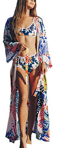 Bsubseach Damen Long Sleeve Beach Kimono Cardigan mit Gürtel Print Bikini Strandkleid