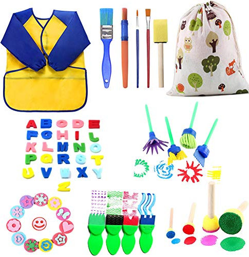 57 Pièces Éponge Brosses de Peinture Enfant Ensemble Pinceaux de Peinture et Art DIY Outils de Peinture d'Apprentissage Précoce Contient Tablier imperméable pour enfants, 26 lettres, Sac de Rangement