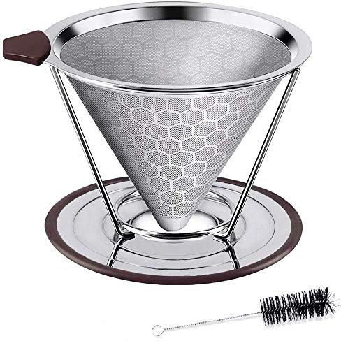 HOUSON Permanenter Kaffeefilter Wiederverwendbare Handfilter Edelstahl Kaffee Filter Metall Kaffee Mesh mit Cup Cleaner Pinsel und Getrennte Stehen für 4 Tassen