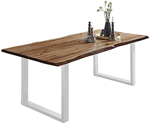 SAM Baumkantentisch 200x100 cm Mephisto, Akazienholz massiv + naturfarben lackiert, Esstisch mit weiß lackiertem U-Gestell, Esszimmertisch/Holztisch, Tischplatte 26 mm