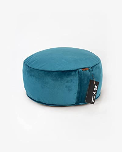 VIO YOGA Yoga Meditationskissen Samt • Sitzhöhe 13 cm • rund ∅ 32 cm • Faire Produktion • Qualität aus Deutschland • Bio Buchweizen-Schalen-Füllung • Bezug & Inlett waschbar (Samt Petrol)