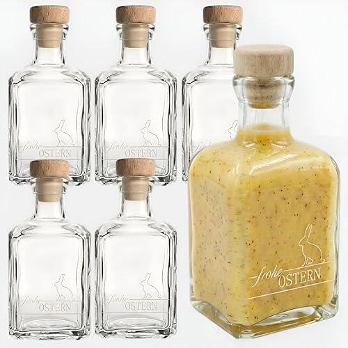 gouveo 6er Set Glasflaschen 250 ml (0,25 l) Cube mit Gravur Frohe OSTERN & Osterhase mit gerilltem Holzgriffkorken (Griff Holz, Stopfen Kunststoff) zum Befüllen & Dekorieren (TYP1)