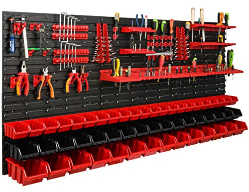 Système de rangement Meuble Atelier Étagère | 172 x 78 cm | 53 pièces | Étagère murale avec supports à outils et boîtes empilables – Plaques murales extra solides Étagère de rangement pour garage