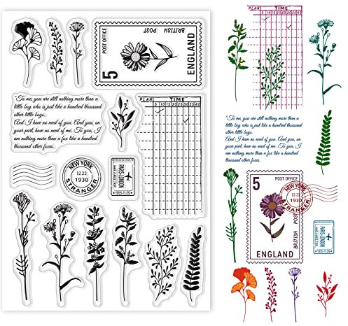 GLOBLELAND Pflanzen Postkarten Klare Stempel für Diy Scrapbooking Deko Postkarten Text Gitternetzlinien Blumen Hintergrund Transparente Silikonstempel zum Basteln von Karten Fotoalbum Deko