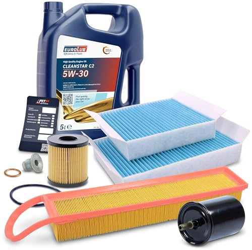 BESTPRICE Inspektionspaket Filterset Wartungspaket mit 1x Ölfilter, 1x Kraftstofffilter, 1x Luftfilter, 1x Innenraumfilter (Aktivkohle), 1x Ölablassschraube mit Dichtung, 1x Motoröl 5W-30 5 l