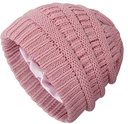 Beanie Mütze für Damen und Mädchen Winter Gestrickte Satin Gefütterte Beanie Hüte Strickmützen für Reisen Camping Skating Skifahren Outdoor Aktivitäten Rosa