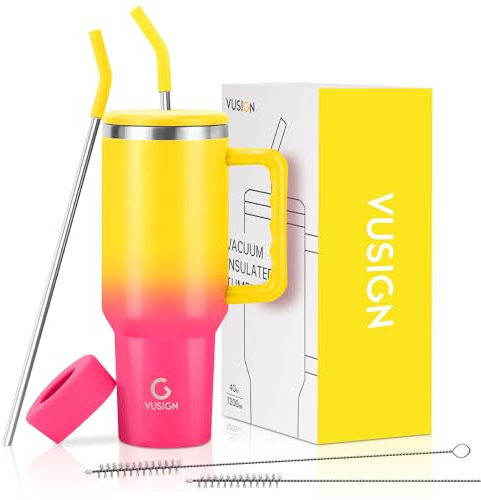VUSIGN 40 oz Tumbler with Handle and Straw Lid, Stainless Steel Vacuum Insulated Tumbler Travel Mug Water Bottle Cup for Water Iced Tea Coffee Smoothie Car, Red-Yellow Mixed