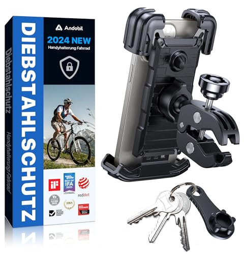 andobil Handyhalterung Fahrrad [ Patent Diebstahlschutz ] 2024 Top Verarbeitet [ 6s Schnelle Montage ] Handyhalterung Motorrad Universal 360° Drehbar Fahrrad Halter für iPhone 16/15/14/13/12 Pro Max