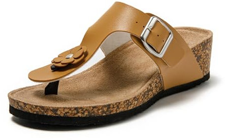 JOMIX Sandalias Mujer Verano Chanclas Dedo Mujer Sandalias Cuña Mujer Comodas con Hebilla Ajustable Playa Mar Piscina Piel Sandalias Anatomicas con Flores, Caqui, 38 EU