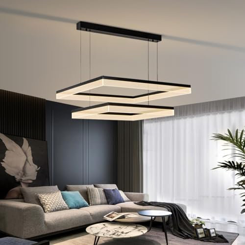 LYSDjia Dimmbarer moderner Kronleuchter 68W schwarzes Aluminium LED Acryl Kücheninselleuchte mit Fernbedienung Wohnzimmer große Beleuchtung quadratische Pendelleuchte für Schlafzimmer Restaurant Hotel